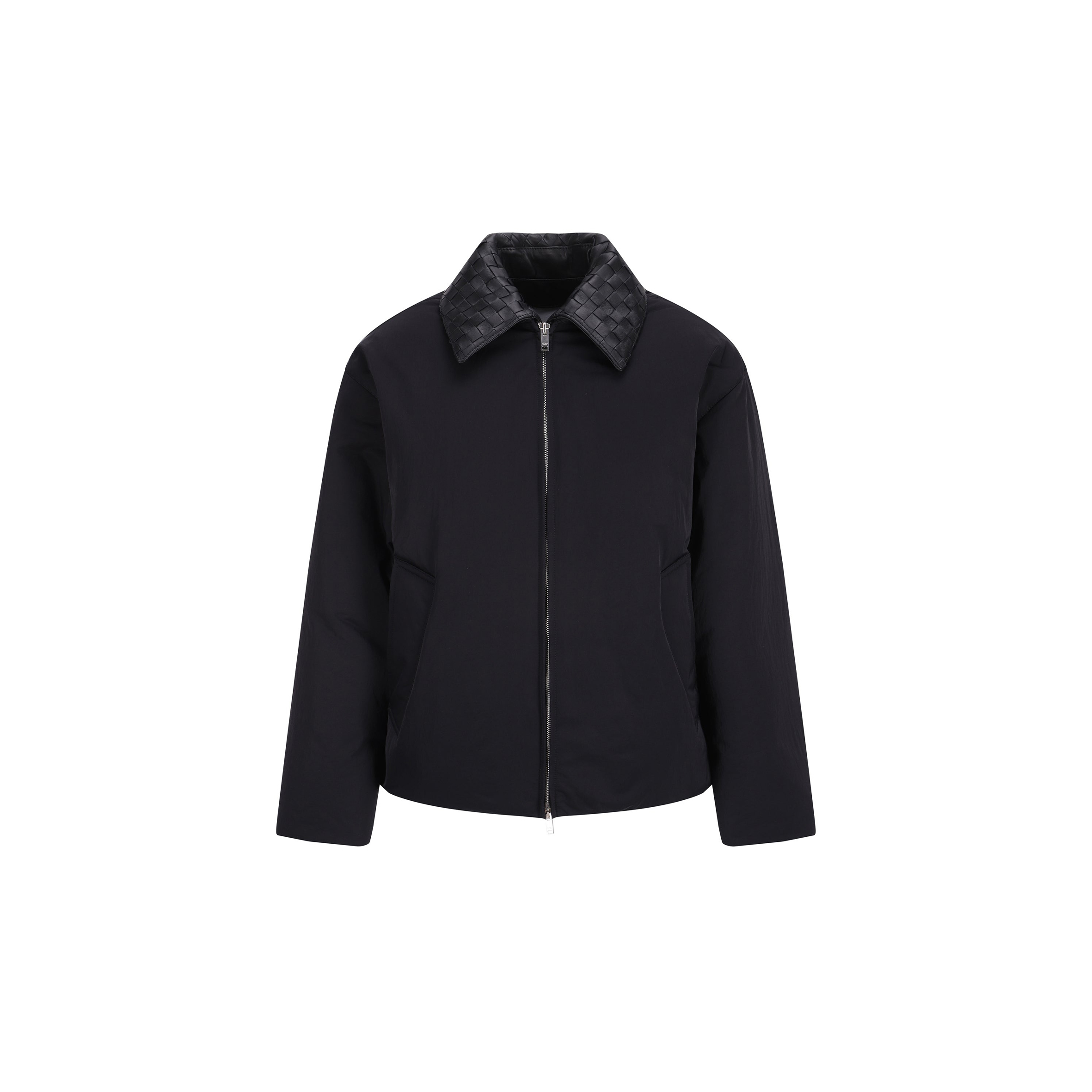 BOTTEGA VENETA INTRECCIATO LEATHER-TRIMMED MATTE-SHELL DOWN JACKET BLACK 